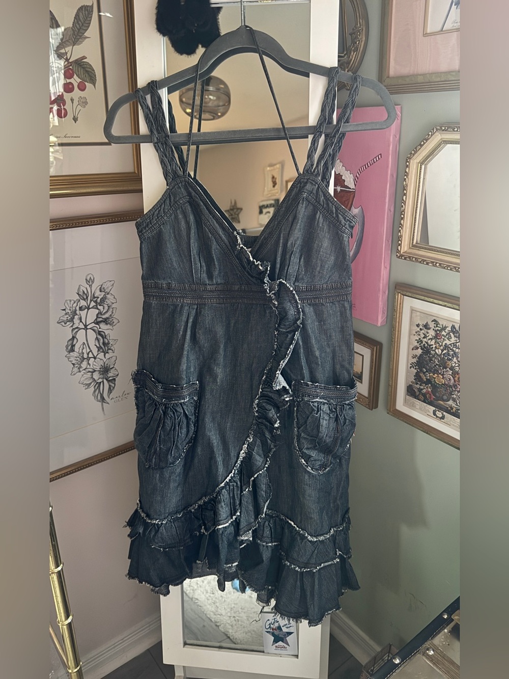 Braided-Strap Ruffle Denim Mini Dress